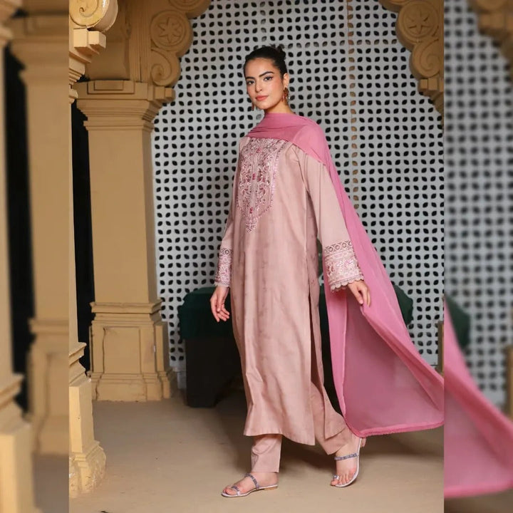 Women’s Peach Embroidered Kurta Pant Dupatta Set