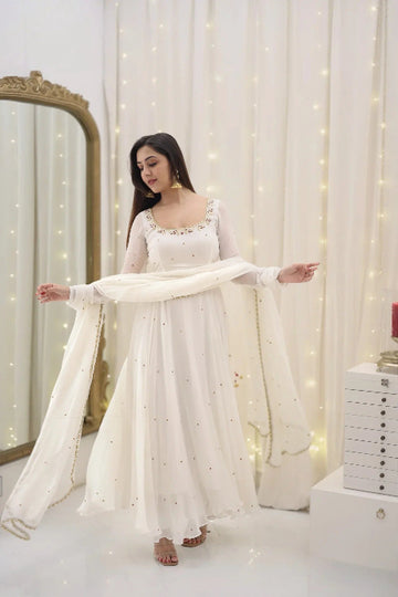 White Embellished Anarkali Gown with Dupatta