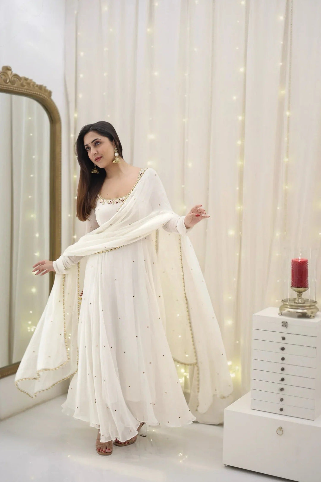 White Off Shoulder Anarkali Dress for Women Elegant Party Wear