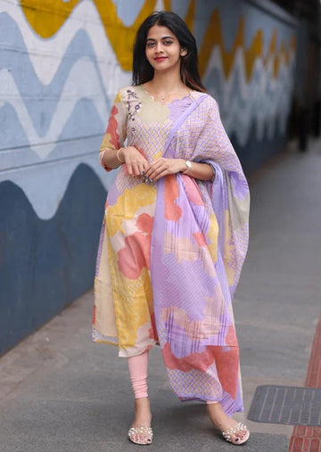 Pastel Printed Kurta Pant Set with Lavender Dupatta
