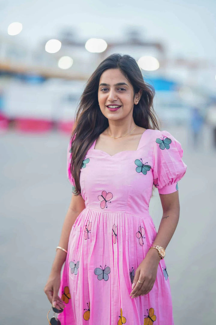 Elegant Pink Floral Midi Dress for Women Premium Casual Wear