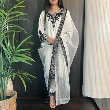 White & Black Embroidered Kaftan Style Kurta Set with Dupatta