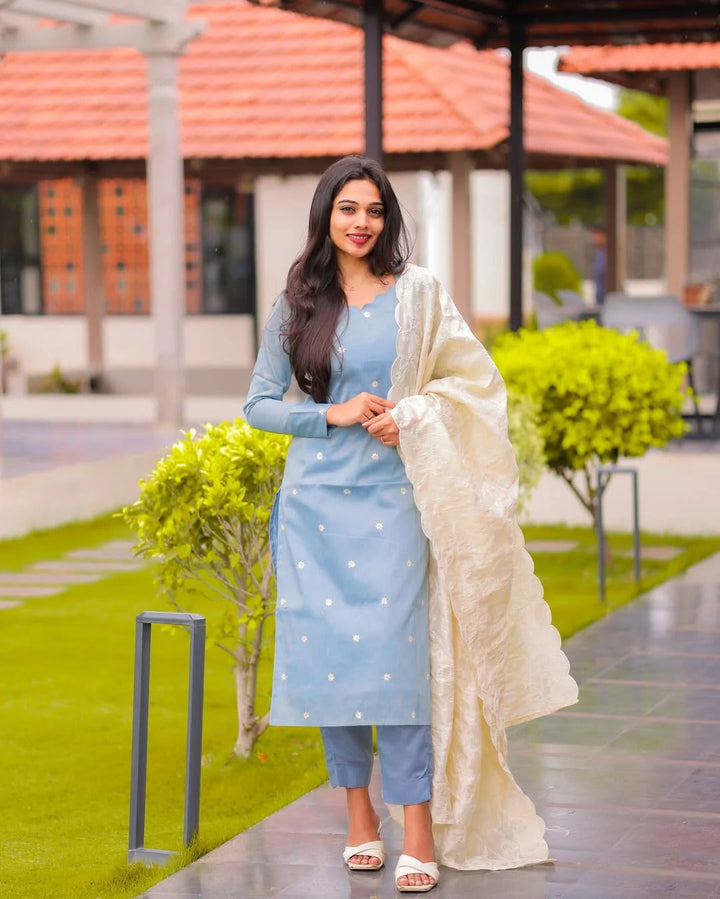 Sky Blue Kurta Set for Women with White Dupatta Elegant Ethnic Wear