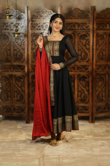 Black Anarkali Kurta Set with Red Dupatta
