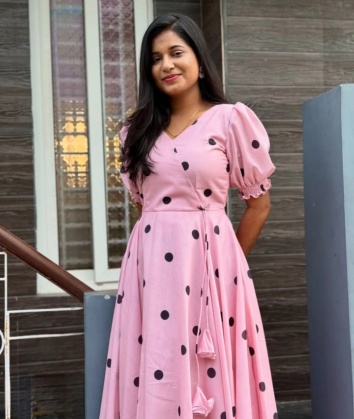 Elegant Pink Polka Dot Midi Dress for Women Premium Casual Wear