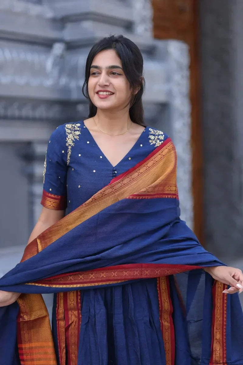 Premium Blue Saree with Contrast Pallu Modern Indian Fashion