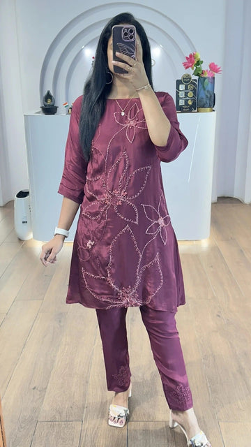 Wine Maroon Embroidered Kurta Pant Set