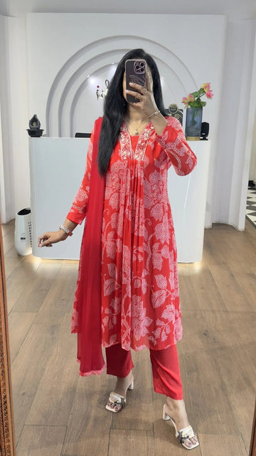Red Floral Printed Kurta Pant Set with Dupatta