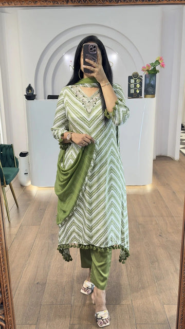 Olive Green Chevron Printed Kurta Set with Dupatta
