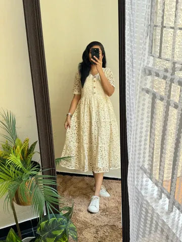 Elegant White Cotton Lace Midi Dress for Women Summer Korean Style Dress