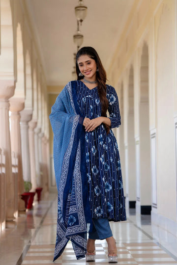Navy Blue Indigo Printed Kurta Set with Dupatta