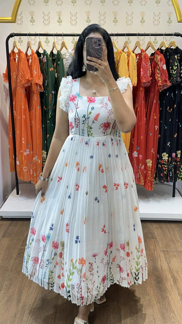 White Floral Printed Pleated Maxi Dress
