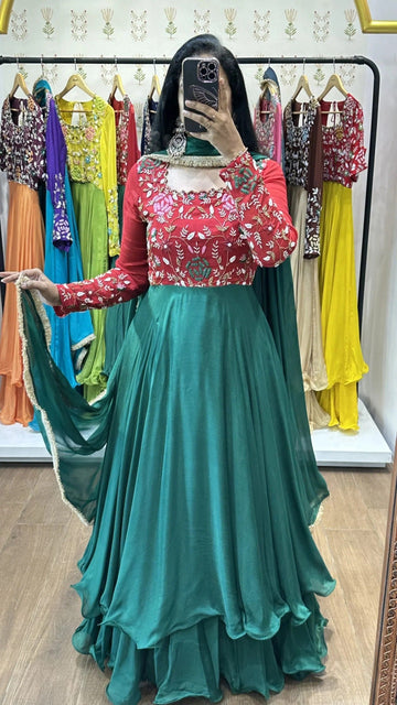 Red Embroidered Yoke Bottle Green Layered Gown with Dupatta
