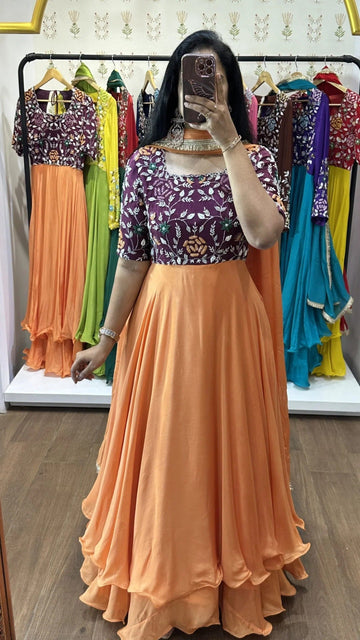 Wine Embroidered Yoke Peach Layered Gown