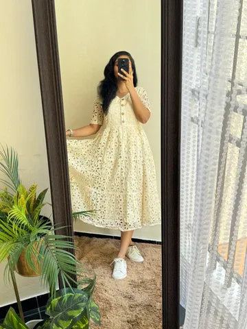 Elegant White Cotton Lace Midi Dress for Women Summer Korean Style Dress