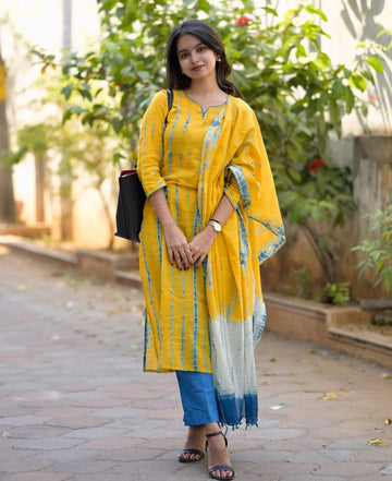Mustard Yellow Tie Dye Kurta Pant Set with Printed Dupatta