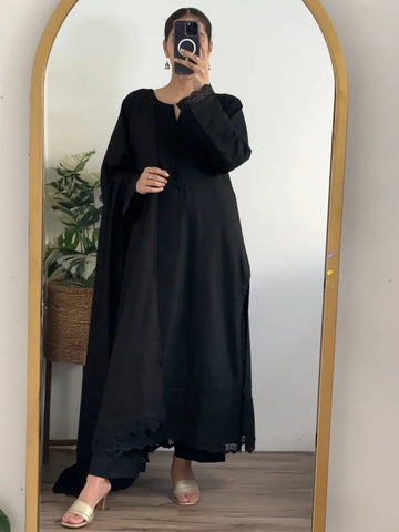 Classic Black Solid Anarkali Kurta Set with Dupatta