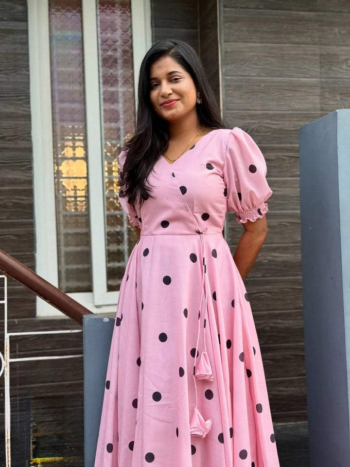 Elegant Pink Polka Dot Midi Dress for Women Premium Casual Wear
