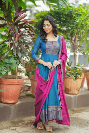 Teal Blue Anarkali Kurta Set with Magenta Dupatta