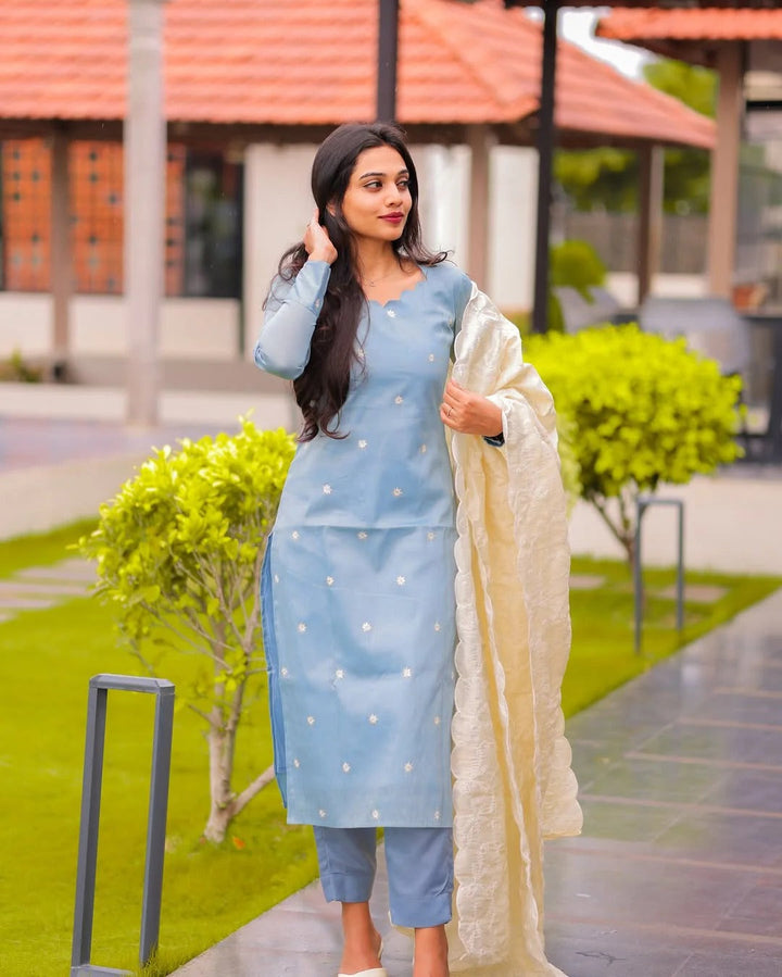 Sky Blue Kurta Set for Women with White Dupatta Elegant Ethnic Wear