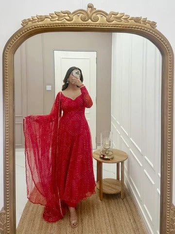 Elegant Red Embroidered Ethnic Gown for Women