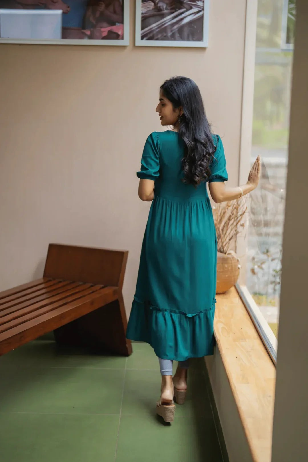 Elegant Teal Green Midi Dress for Women Premium Casual Wear