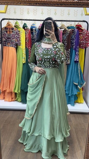 Mint Green Embroidered Layered Gown with Dupatta