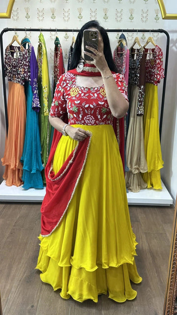 Red Embroidered Top with Yellow Layered Lehenga & Dupatta