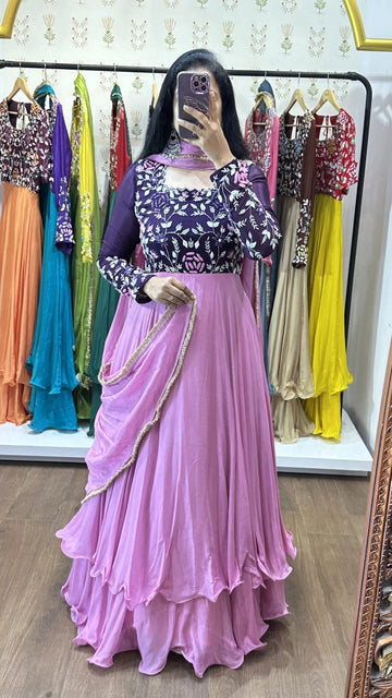 Deep Purple Embroidered Yoke Lavender Layered Gown