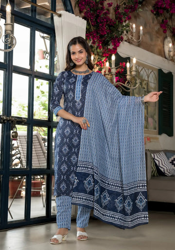 Navy Blue Printed Kurta Pant Set with Dupatta