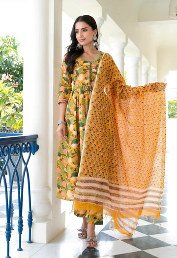 Mustard Yellow Floral Printed Kurta Set with Dupatta