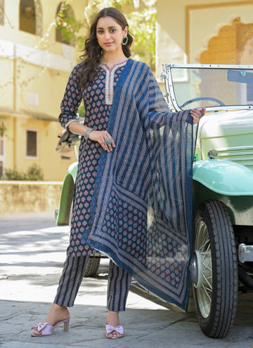 Indigo Blue Printed Cotton Kurta Set with Dupatta