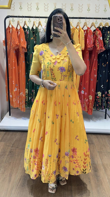 Mustard Yellow Floral Printed Pleated Dress