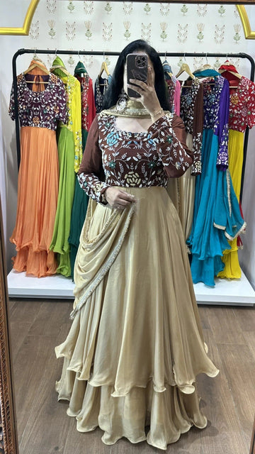 Brown Embroidered Top with Beige Layered Lehenga & Dupatta