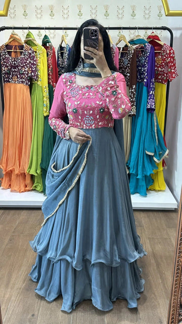 Pink & Steel Blue Embroidered Layered Gown with Dupatta