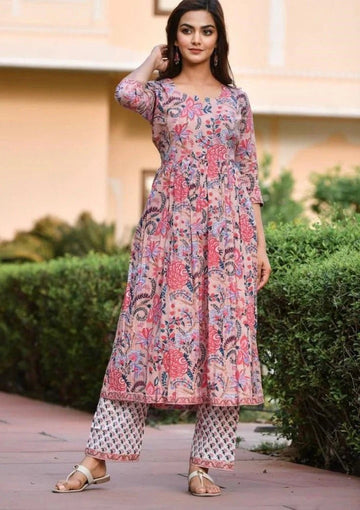 Peach Floral Printed Anarkali Kurta Set with Straight Pants