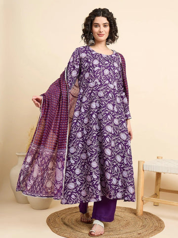 Purple Floral Printed Anarkali Kurta Set with Dupatta