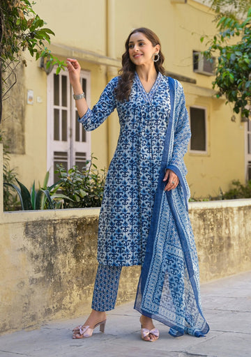 Indigo Blue Printed Kurta Pant Set with Matching Dupatta