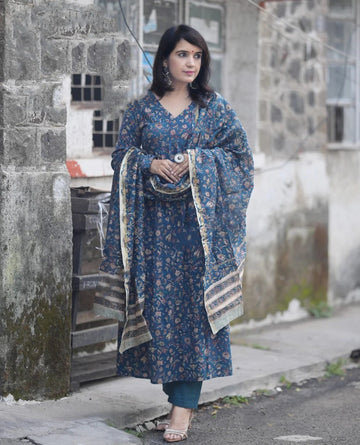 Teal Blue Floral Printed Kurta Pant Set with Dupatta