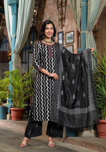 Black & White Zigzag Printed Kurta Set with Matching Dupatta