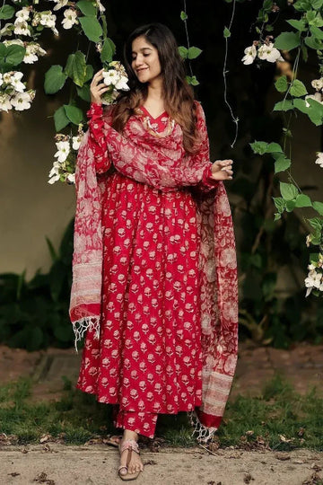 Red Floral Printed Anarkali Kurta Set with Dupatta