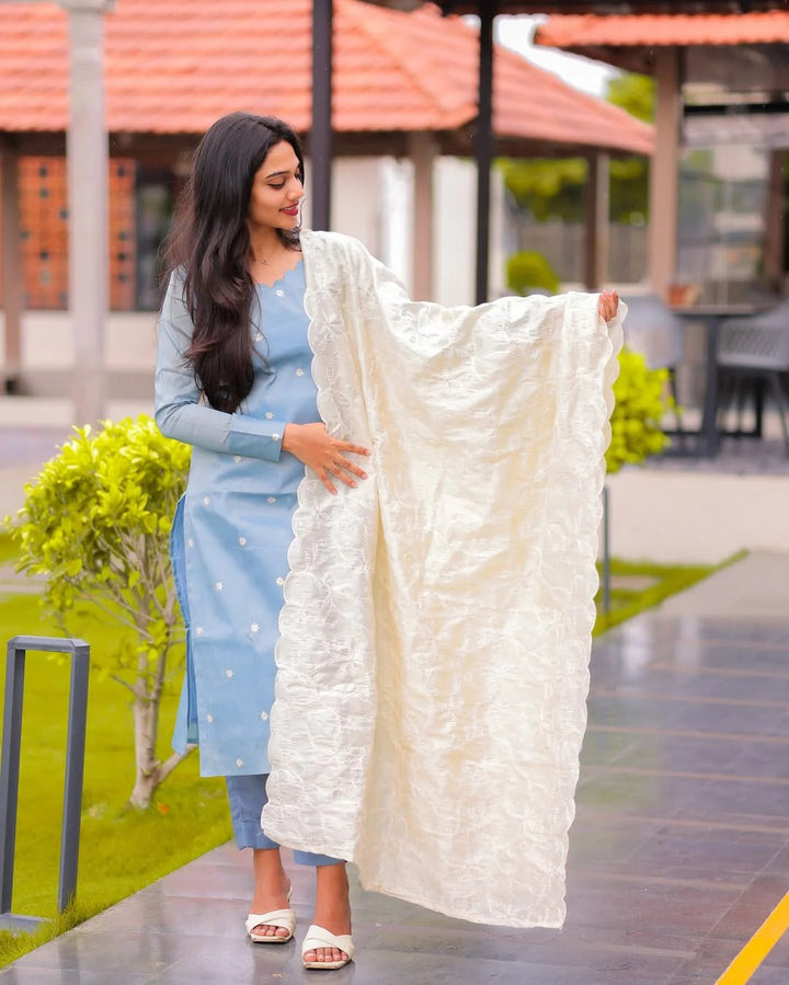 Sky Blue Kurta Set for Women with White Dupatta Elegant Ethnic Wear