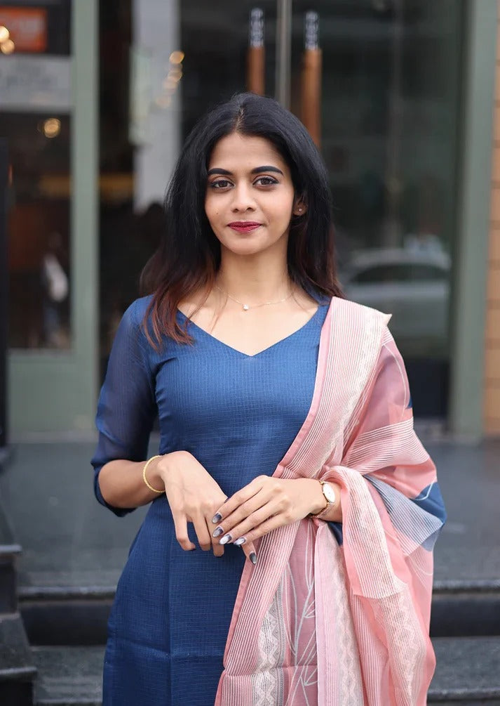 Elegant Blue Kurta Set with Pink Dupatta Premium Ethnic Wear