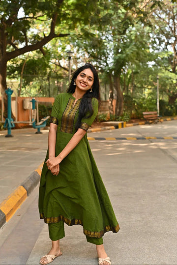 Olive Green Cotton Kurta Pant Set with Zari Border