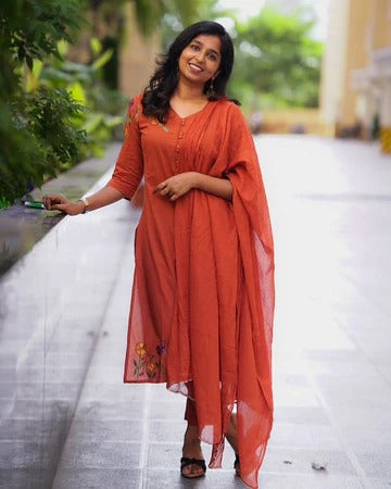 Rust Orange Embroidered Kurta Set with Dupatta