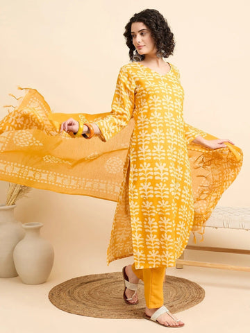 Mustard Yellow Ethnic Printed Kurta Set with Dupatta & Straight Pants