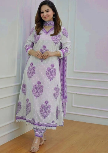White & Lavender Floral Printed Kurta Set with Dupatta