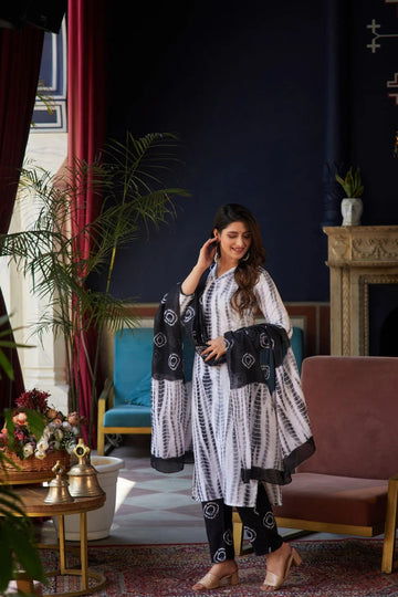 Black & White Printed Kurta Pant Set with Dupatta