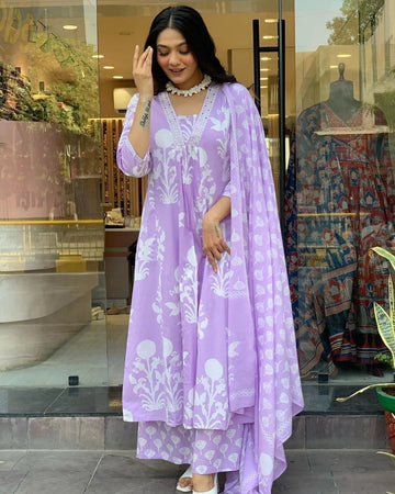 Lavender Floral Printed Anarkali Kurta Set with Dupatta