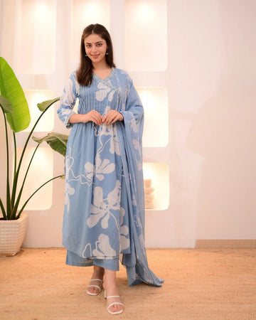 Powder Blue Floral Printed Kurta Pant Set with Dupatta